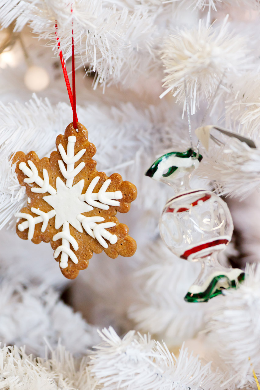 white christmas tree with decorations