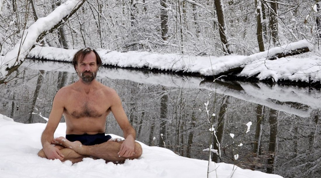 Wim 'The Iceman' Hof sitting in snow for cold exposure